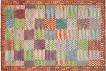 Flat Weave Kilim, Antique, Navaho, Vintage, Handmade, Modern Kilim Blue Rust Hand-Woven Rectangle 100% Wool Area Rug 8 x 11